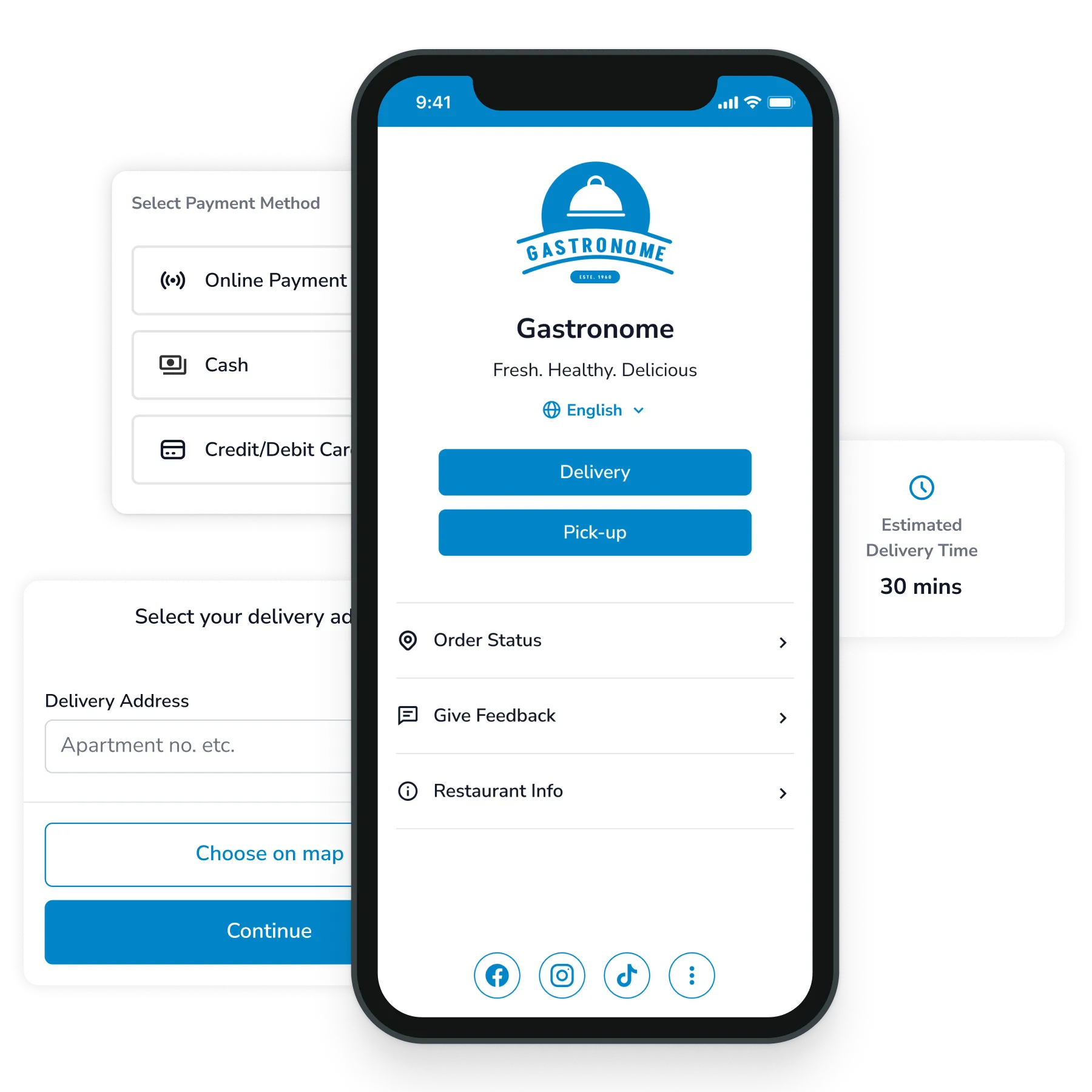 Delivery and Pickup welcome screen menu.