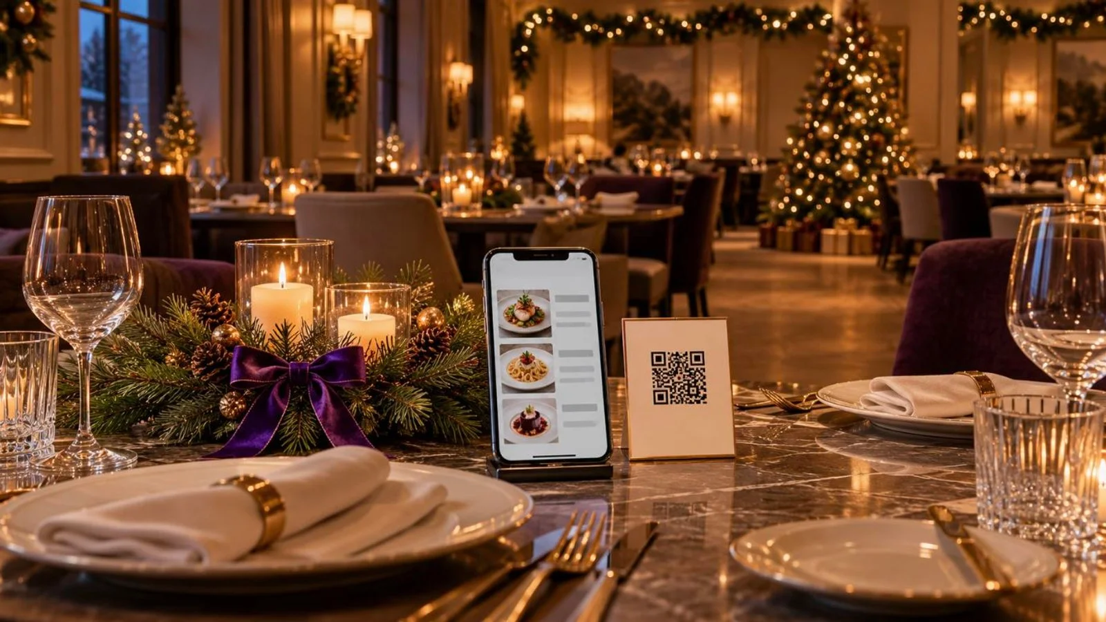 Noel için hazırlanmış restoran masası: mor kurdeleli çam masa süsü, dijital menüyü gösteren telefon ve açıkta duran QR kod kartı, salonun köşesinde süslenmiş bir çam ağacı