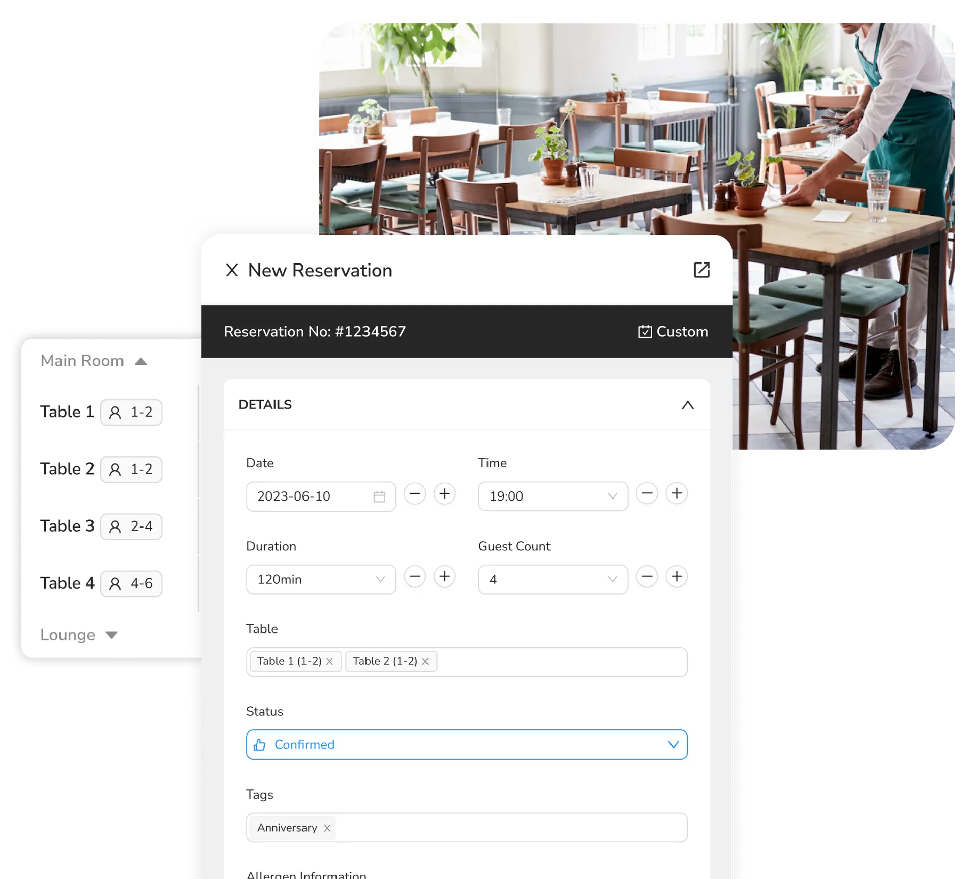 FineDine new reservation screen.