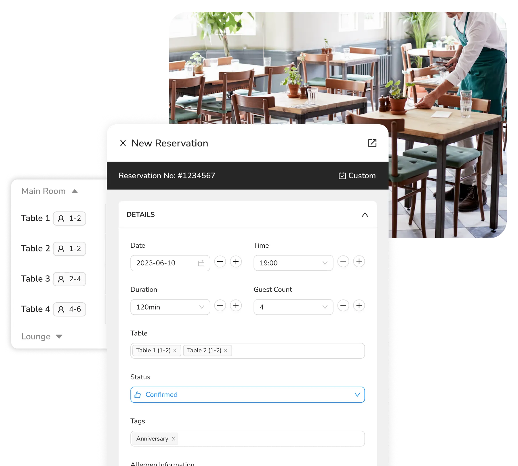 FineDine new reservation screen.