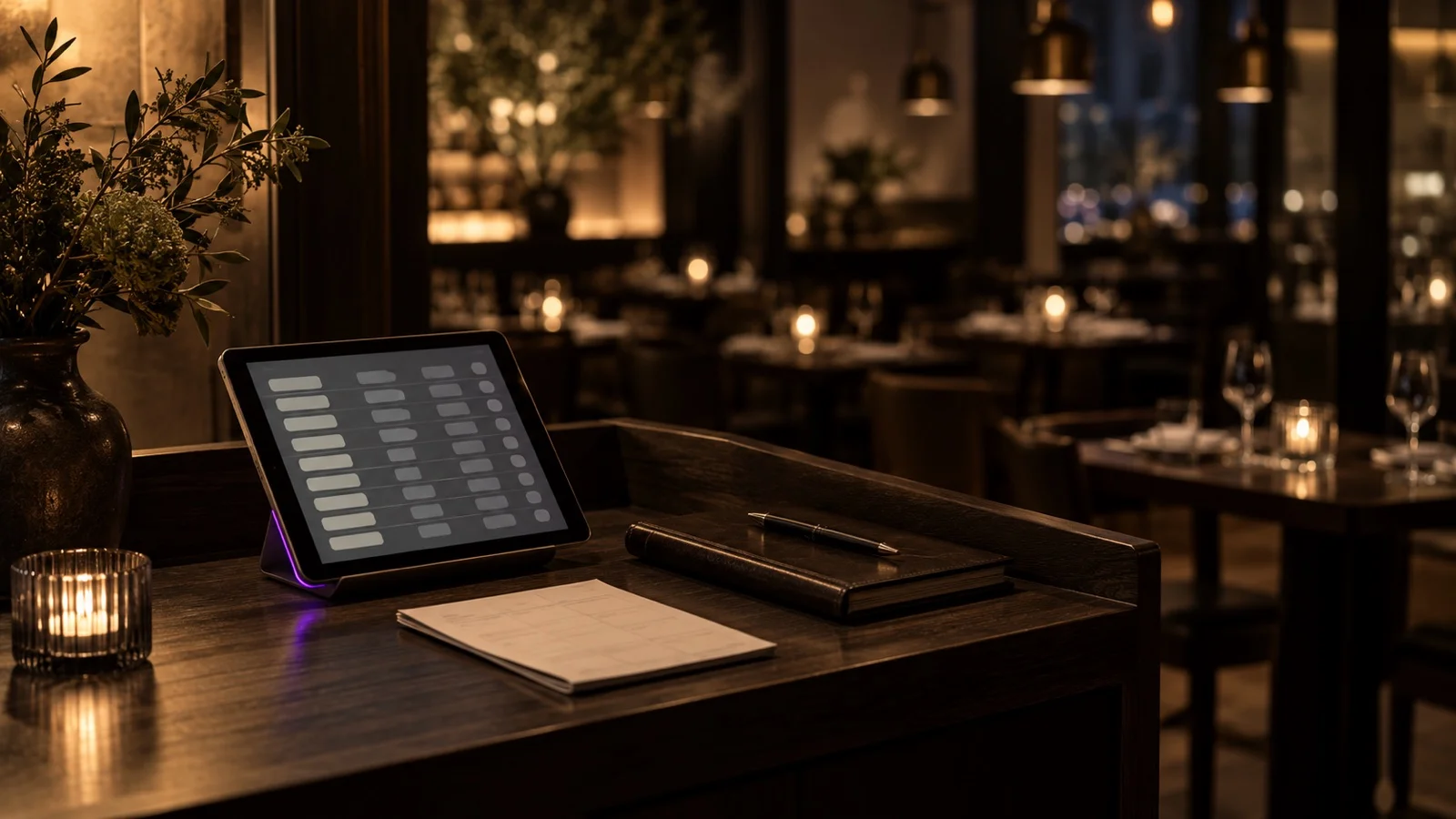 Host stand in evening light: a tablet on a stand showing the night's booking list, a closed reservation book with a pen on it, and a folded seating sheet.
