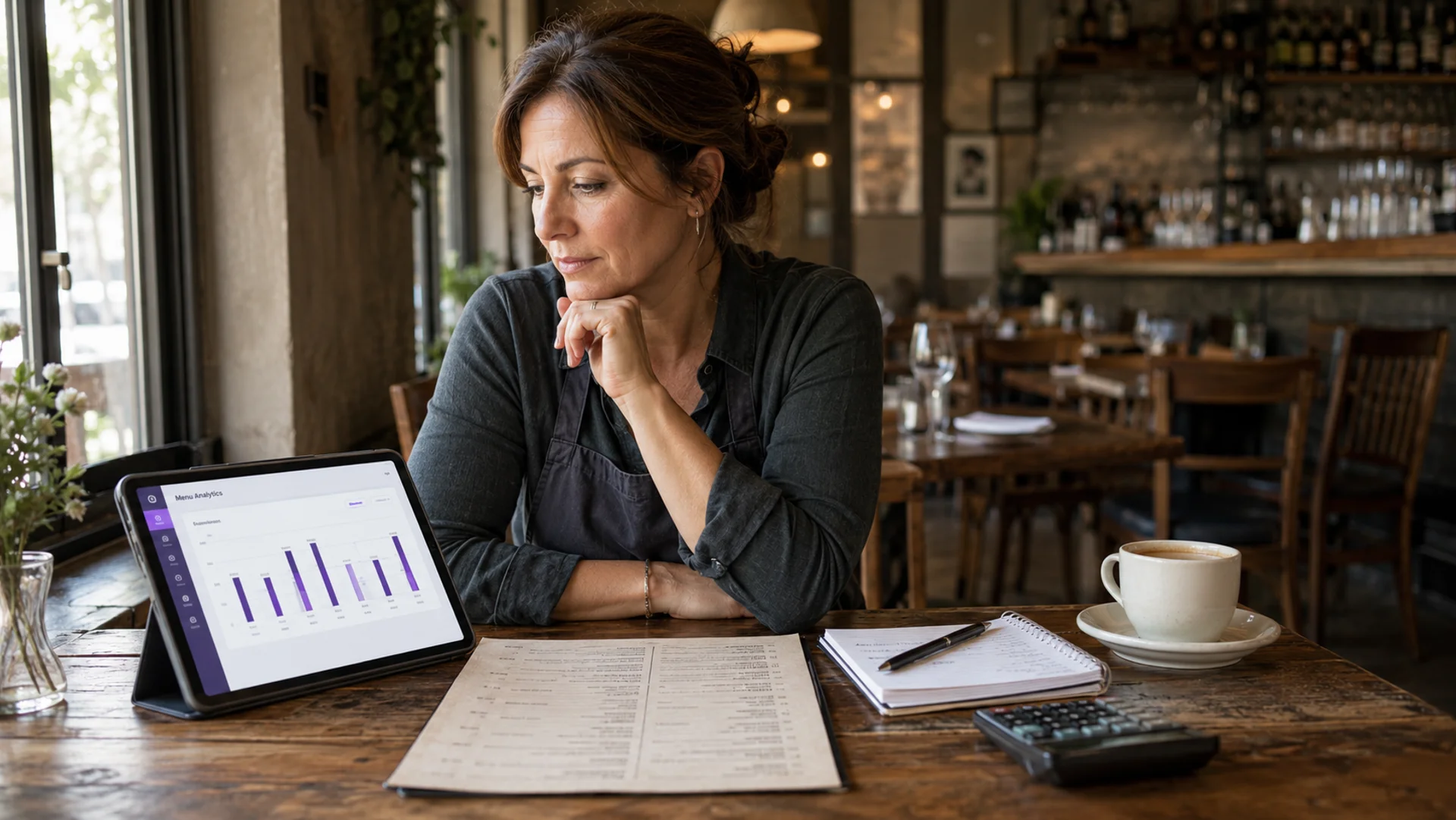 Propietario de un restaurante revisando en una tableta la pantalla de rendimiento de la carta, con la carta impresa y una calculadora al lado