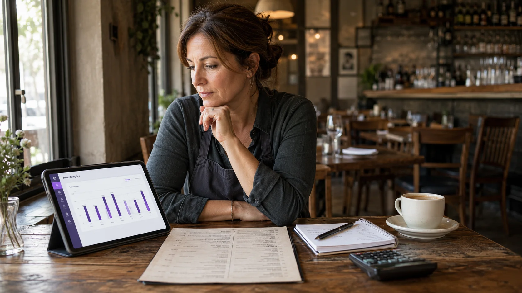 Propietario de un restaurante revisando en una tableta la pantalla de rendimiento de la carta, con la carta impresa y una calculadora al lado