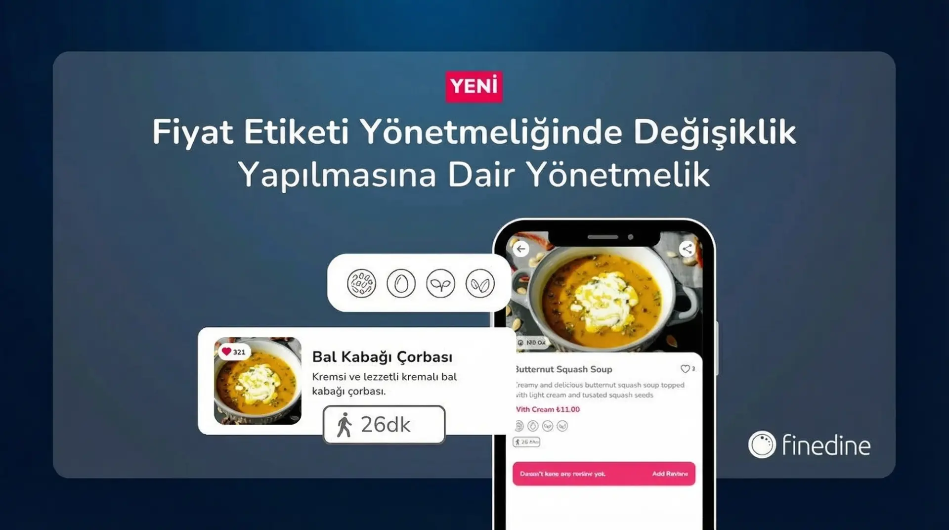 Dijital menüde çorba ürün kartı; kalori, alerjen ikonları ve 26 dakikalık yürüme süresi rozeti