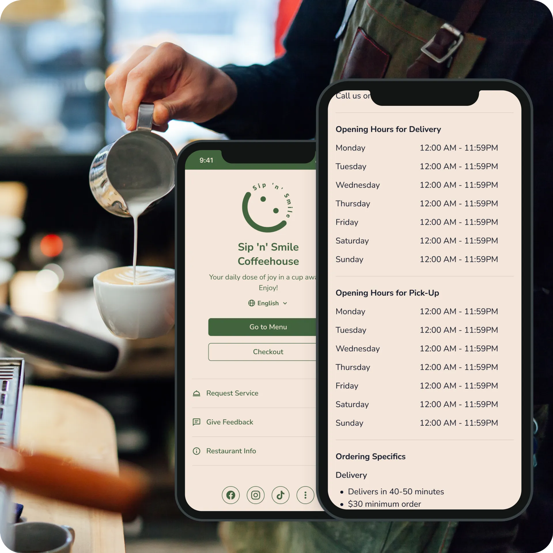 A person pouring coffee on a smartphone at Venue Settings.
