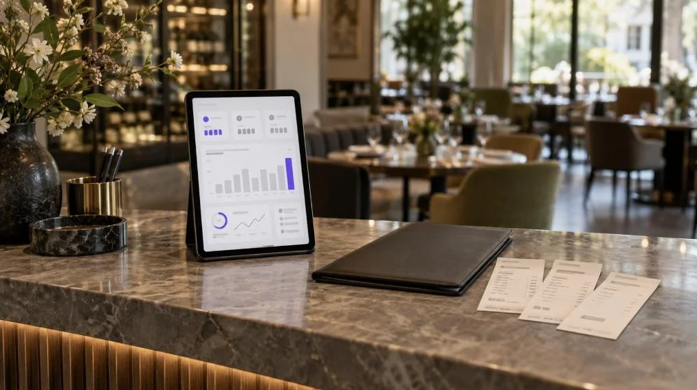 A tablet at a restaurant host stand showing a daily performance dashboard, with a printed menu and order tickets from three channels beside it.