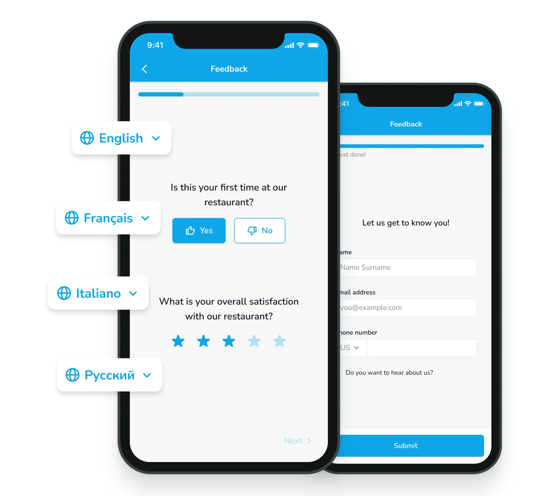 An app interface displaying restaurant options in multiple languages