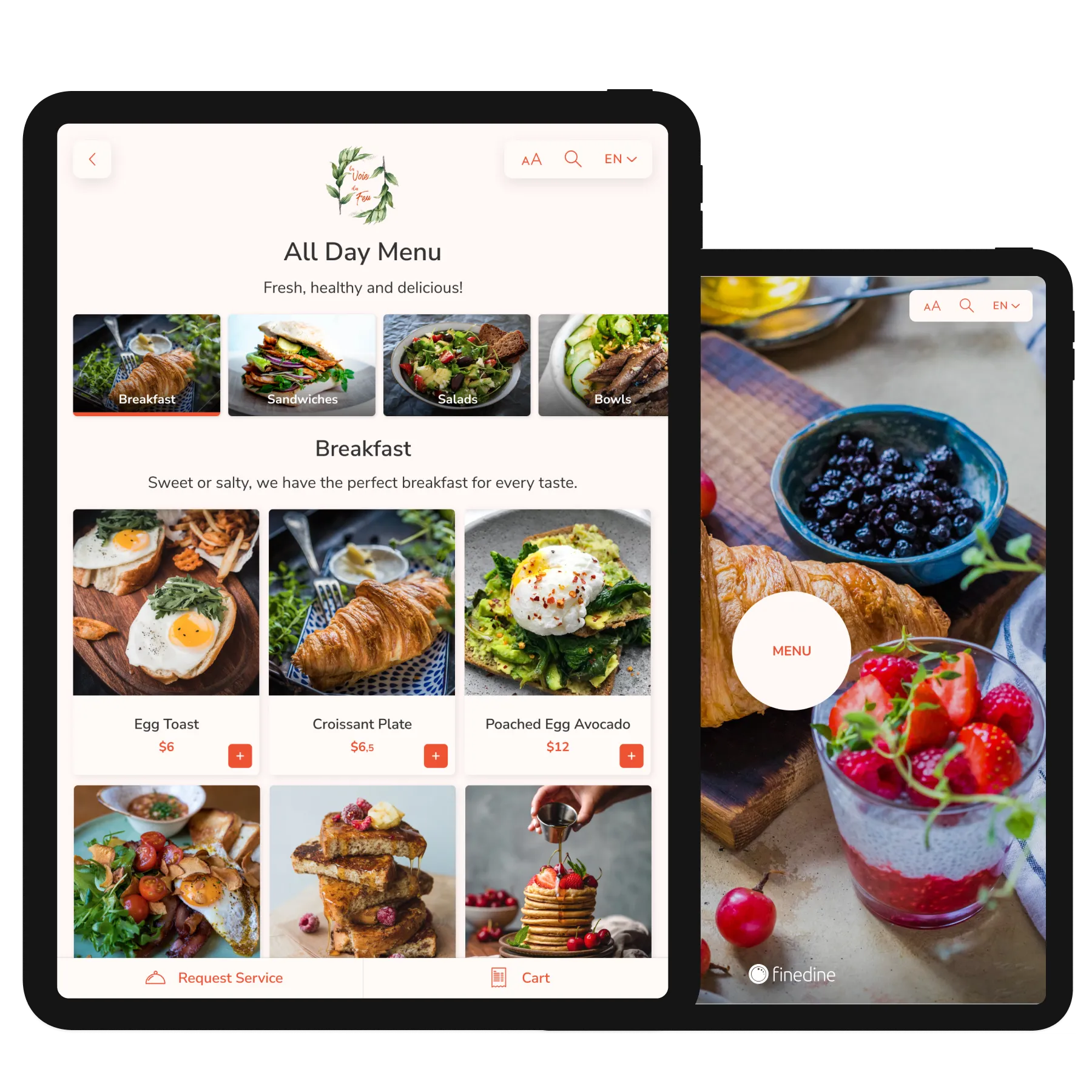 FineDine Dine-in tablet menu screen.
