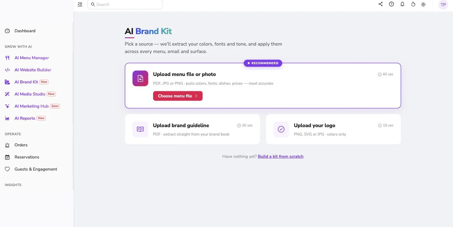 AI Brand Kit ekranı: menü dosyası, marka kılavuzu ve logo seçenekleri
