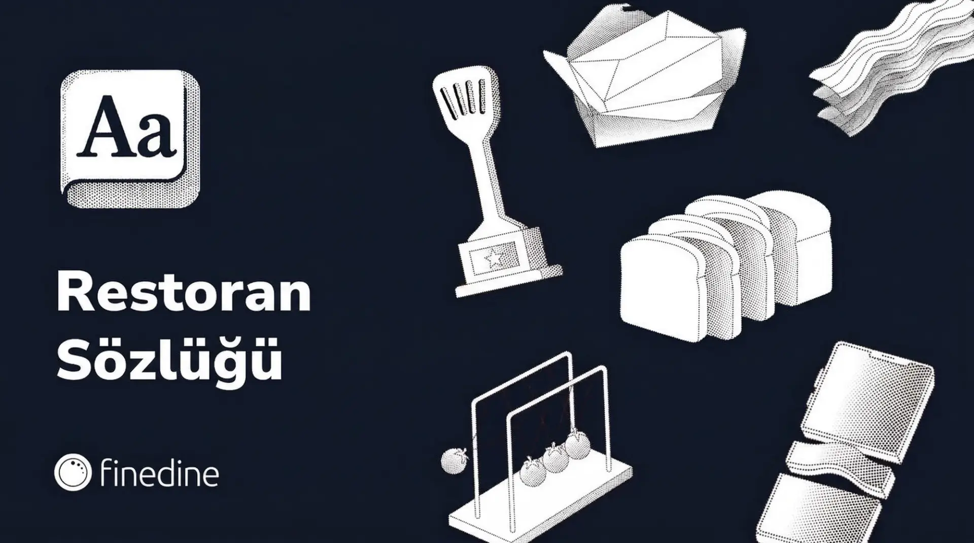 Sözlük ikonu ve mutfak araçlarının çizimleriyle hazırlanmış koyu zeminli sözlük kapağı