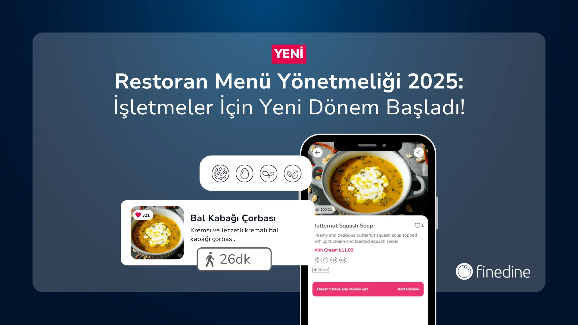 Dijital menüde çorba kartı; alerjen ikonları ve yürüme süresi rozetiyle yeni menü bilgileri