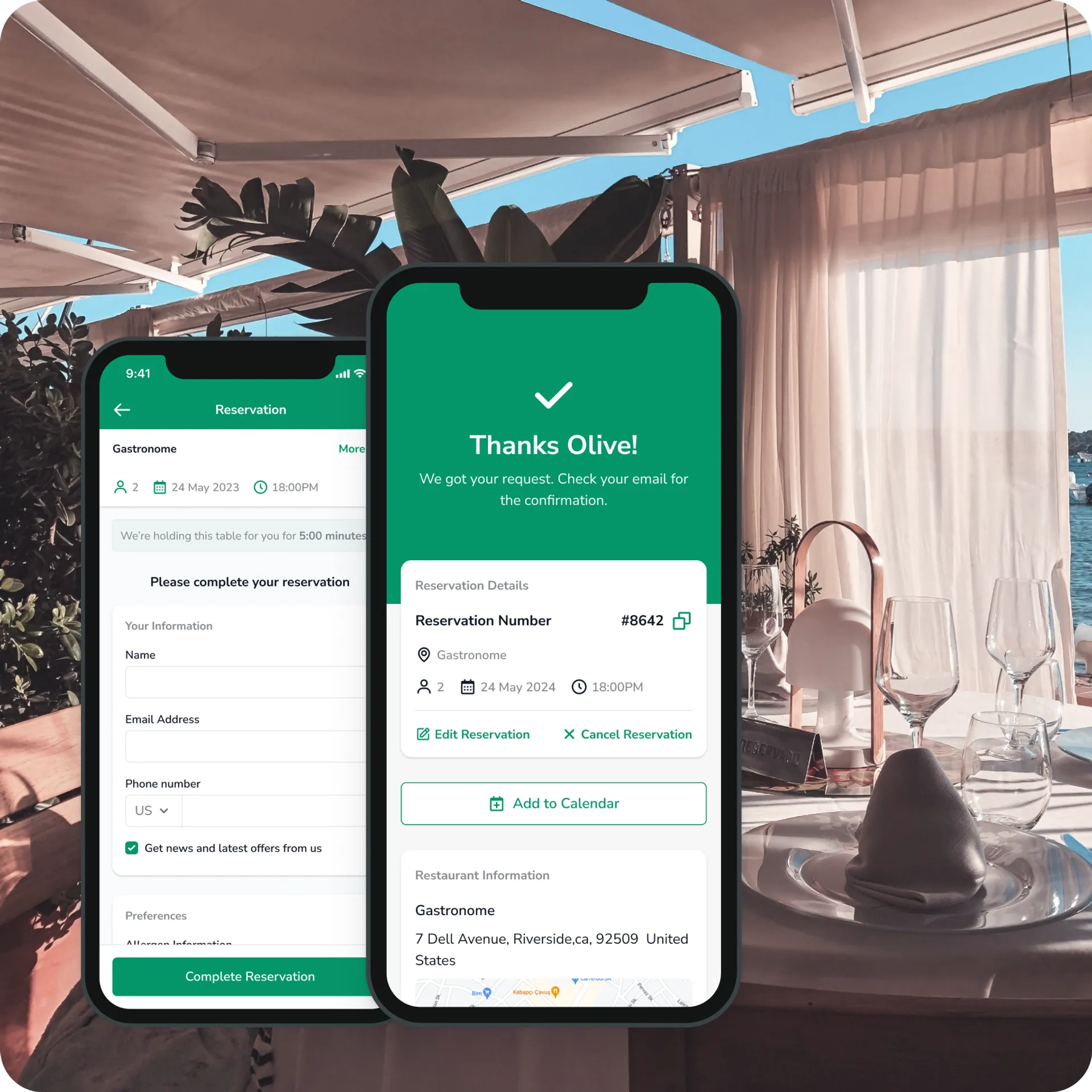 FineDine reservation affirmation page.