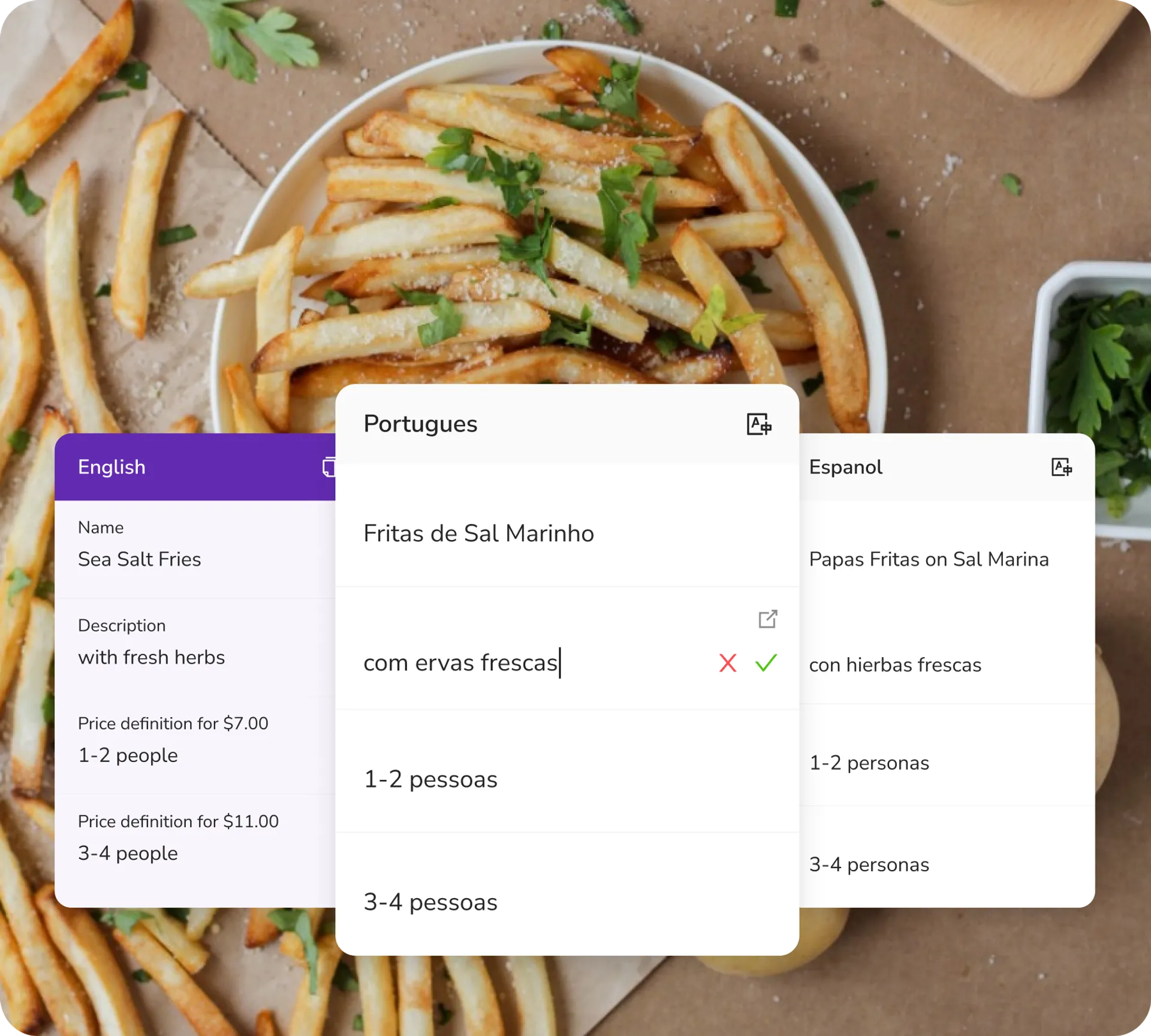 A menu screen displaying fries and other items, with support for multi-languages