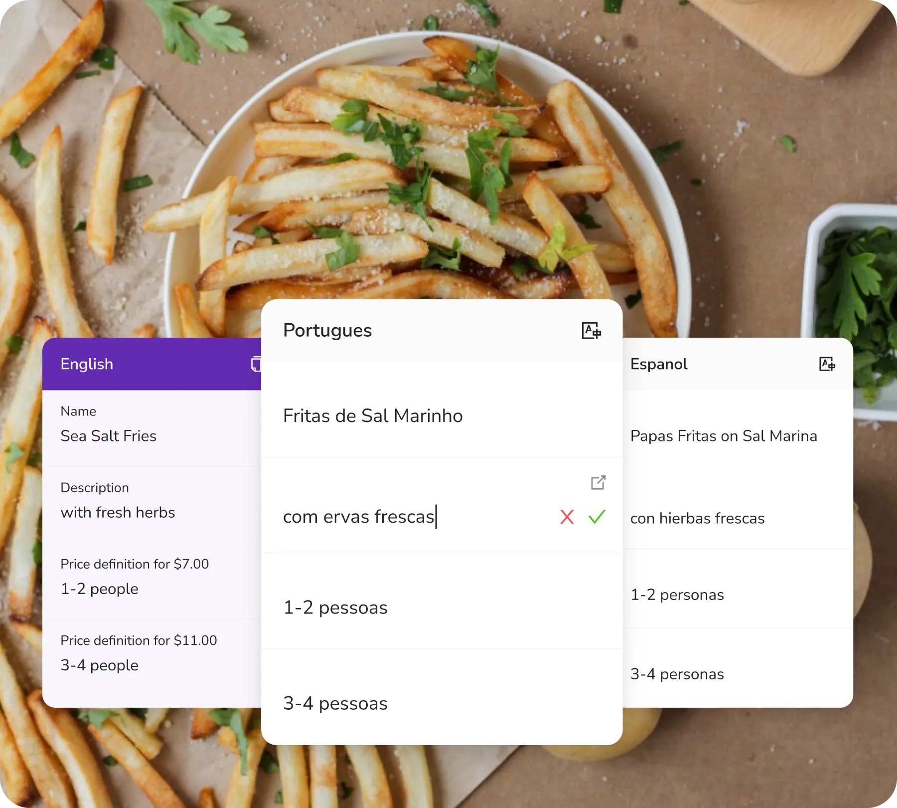 A menu screen displaying fries and other items, with support for multi-languages
