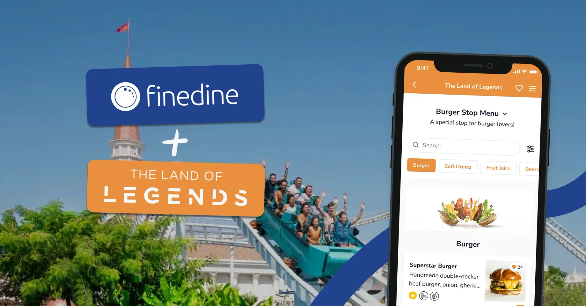 إعلان شراكة FineDine مع Land of Legends مع أفعوانية وهاتف يعرض قائمة برجر رقمية