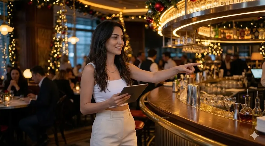 Yılbaşı için süslenmiş bir restoran barında tabletle servisi yöneten müdür