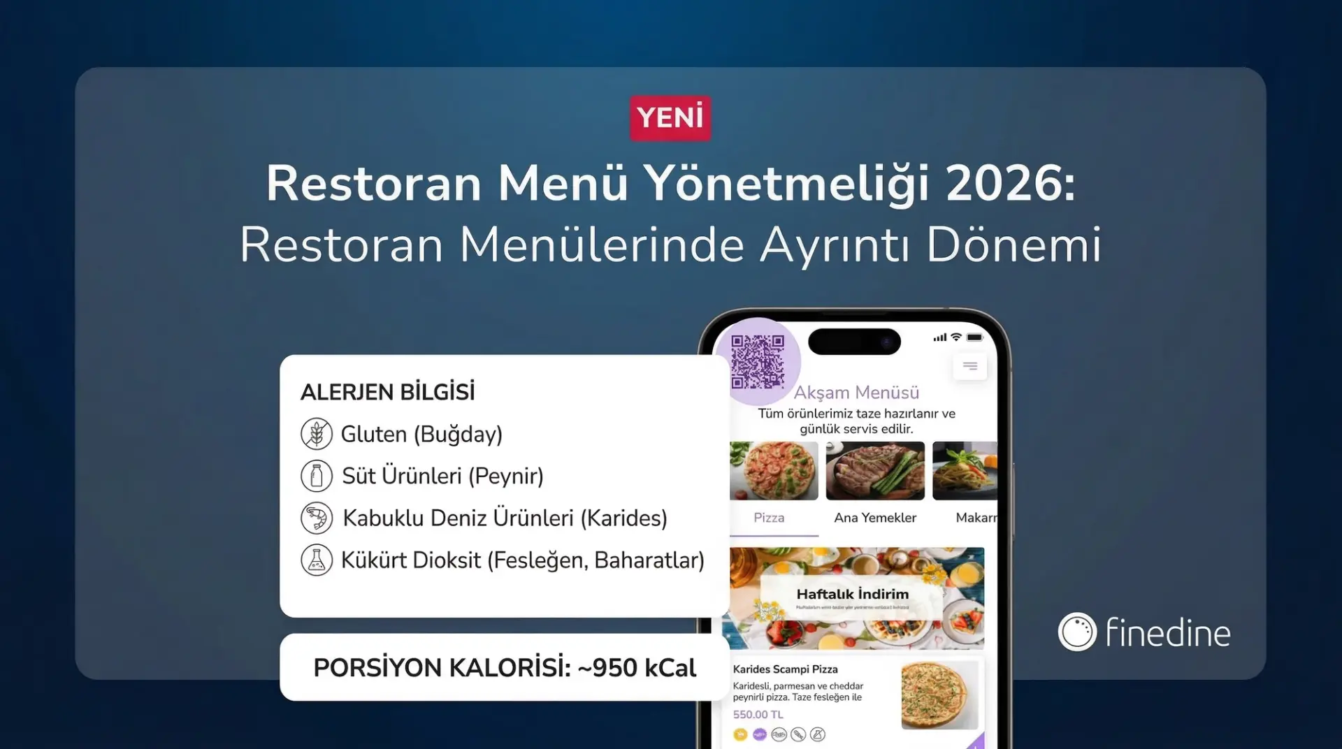 Dijital menüde alerjen listesi ve porsiyon kalorisi bilgisi; yanında telefondaki akşam menüsü