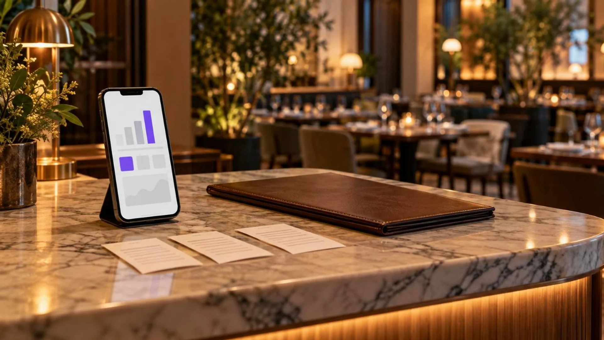 A smartphone on a stand at a restaurant host stand showing a daily performance dashboard, with a printed menu and order tickets from three channels beside it.