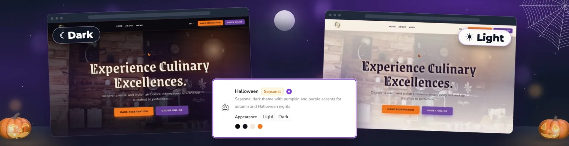 The Halloween theme in AI Website Builder, in Dark and Light