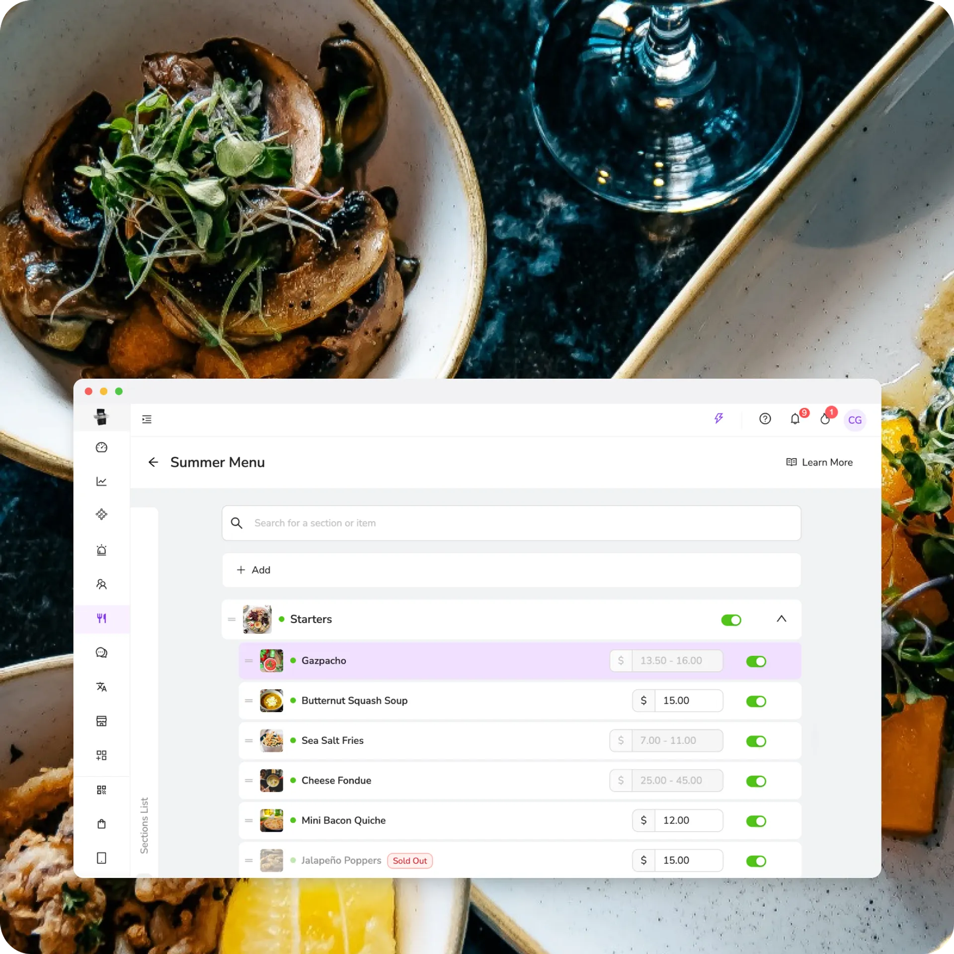 Menu items in the menu management page