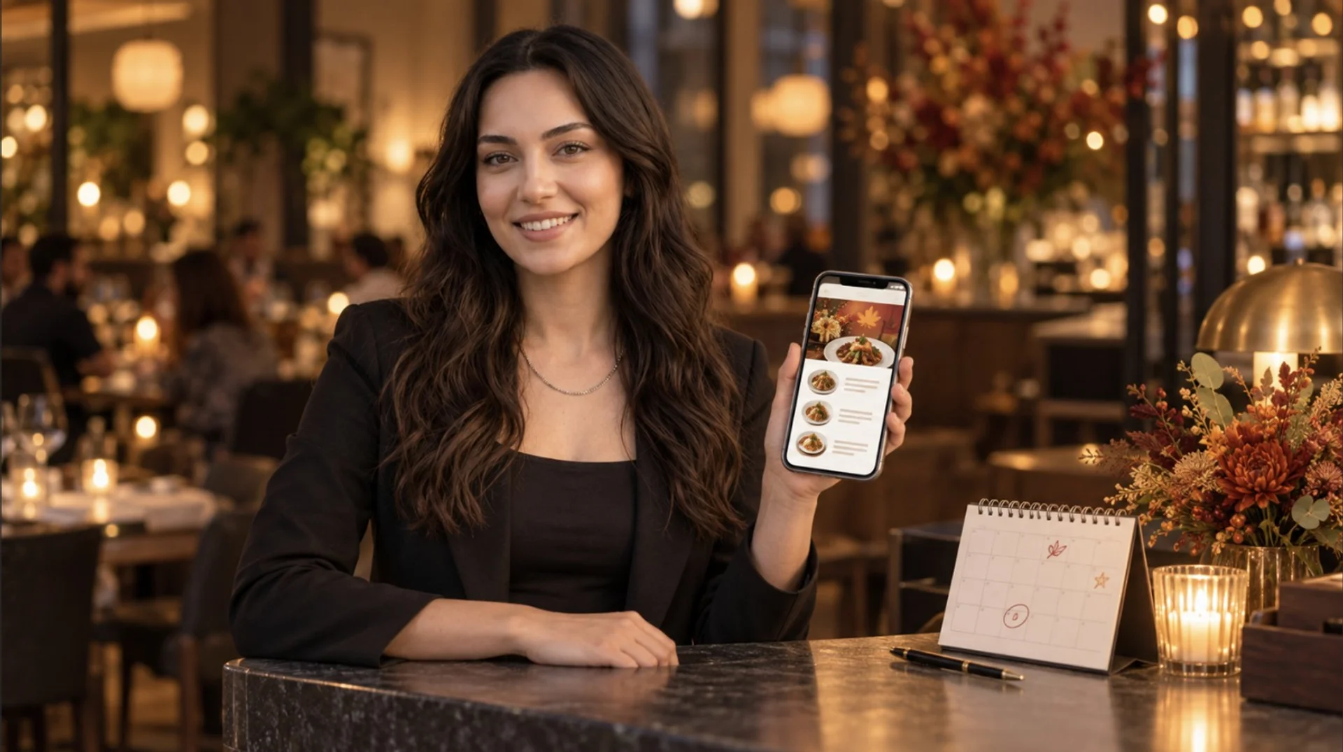 Bir restoran müdürü, kampanya tarihleri işaretli bir masa takviminin yanında, mevsimsel kampanya banner'ı gösteren QR menüsünü telefonunda tutuyor.