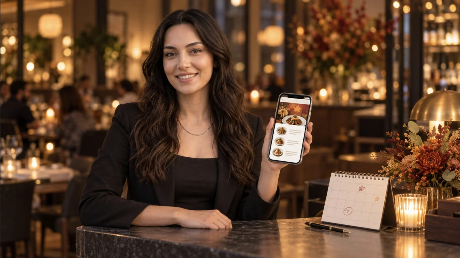 Bir restoran müdürü, kampanya tarihleri işaretli bir masa takviminin yanında, mevsimsel kampanya banner'ı gösteren QR menüsünü telefonunda tutuyor.