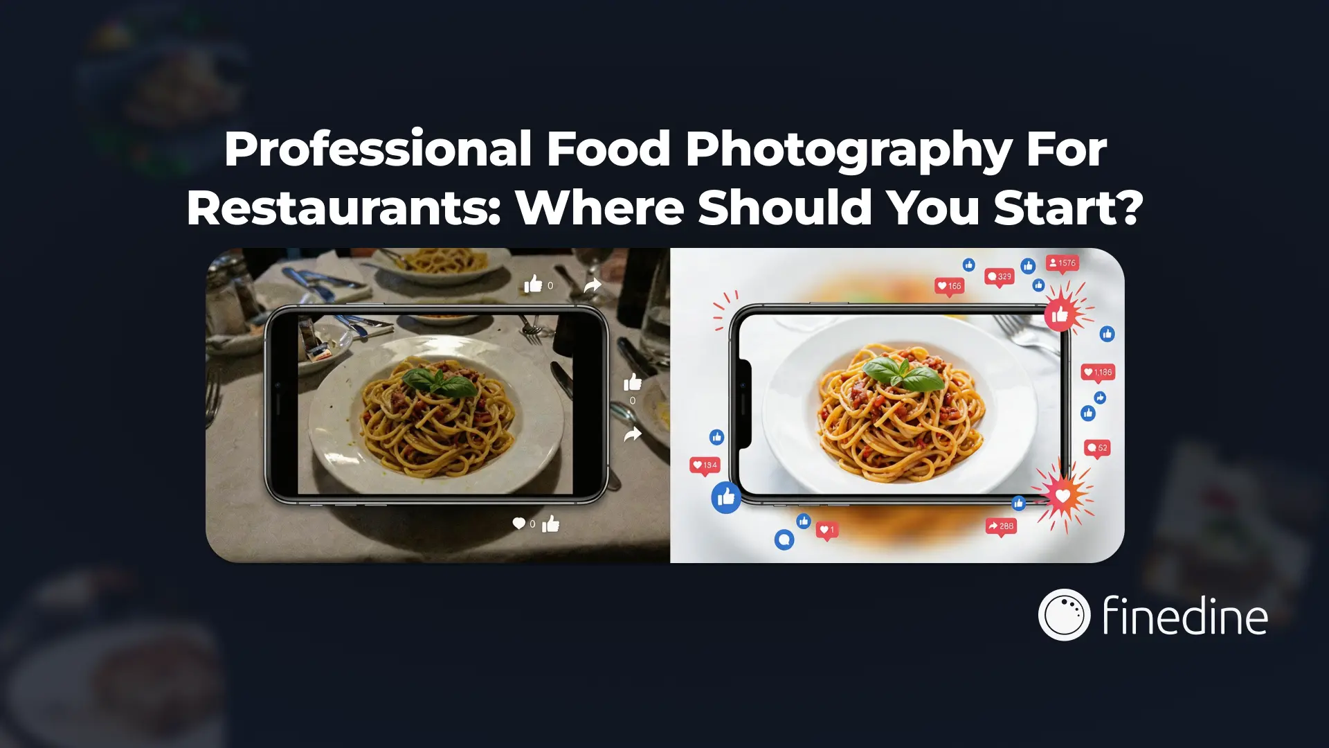 Side-by-side comparison of an amateur and a professional pasta photo surrounded by engagement icons