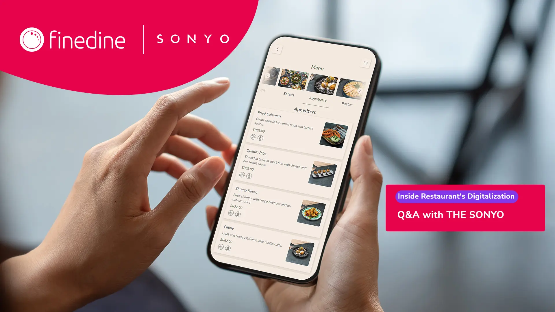 Móvil con el menú digital de Sonyo en el visual del caso de éxito con FineDine