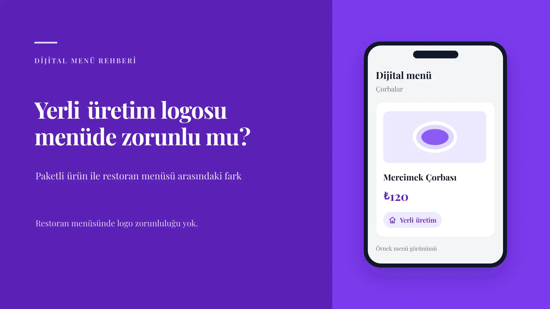 Yerli üretim logosu menüde zorunlu mu sorusunu soran kapak; yanında Yerli üretim etiketli bir dijital menü kartı