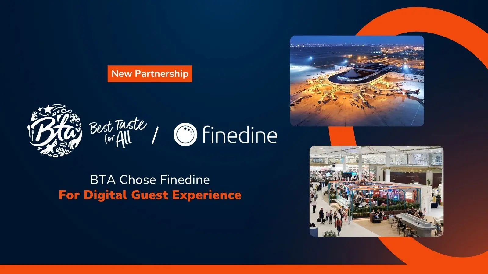 Partnership card for BTA and FineDine with photos of the airport and its food hall