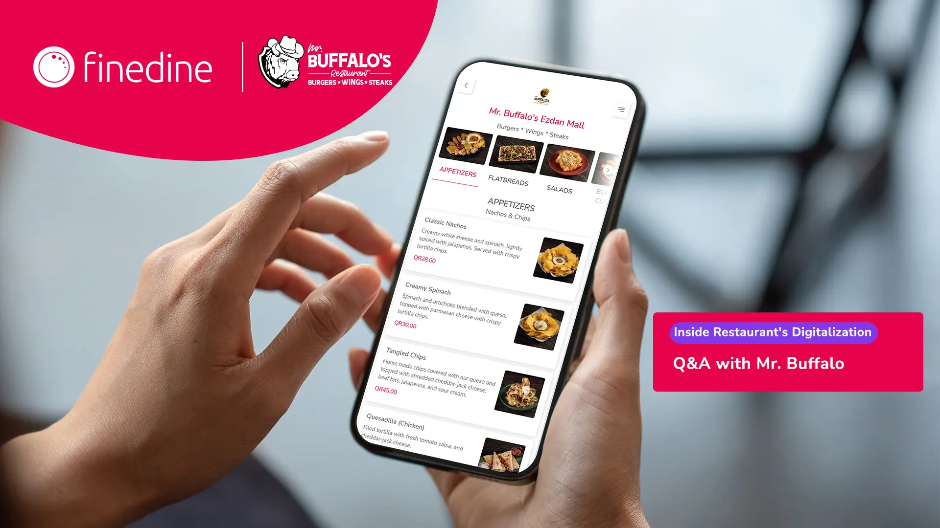 هاتف يعرض قائمة Mr. Buffalo الرقمية ضمن دراسة حالة مع FineDine