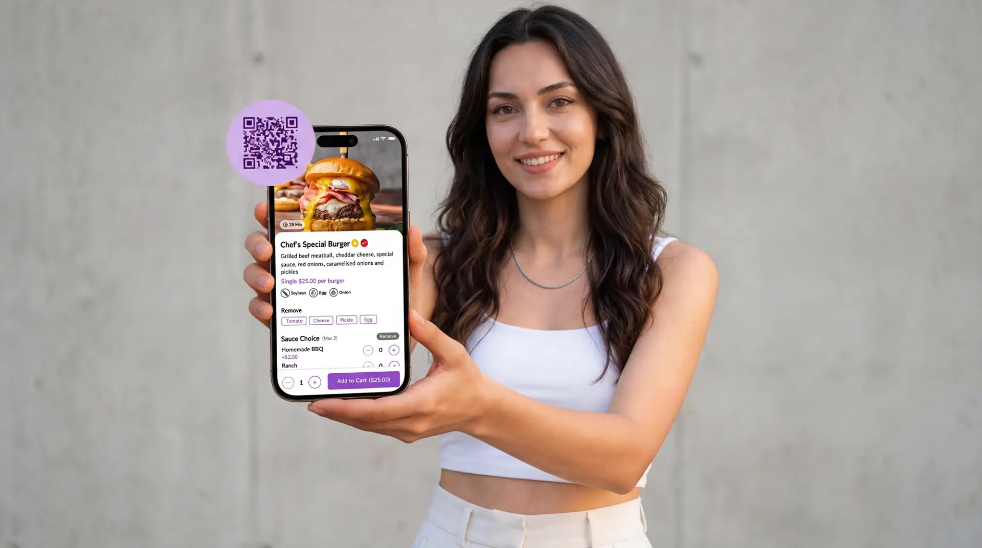 Woman holding up a phone with a digital burger menu and a purple QR code