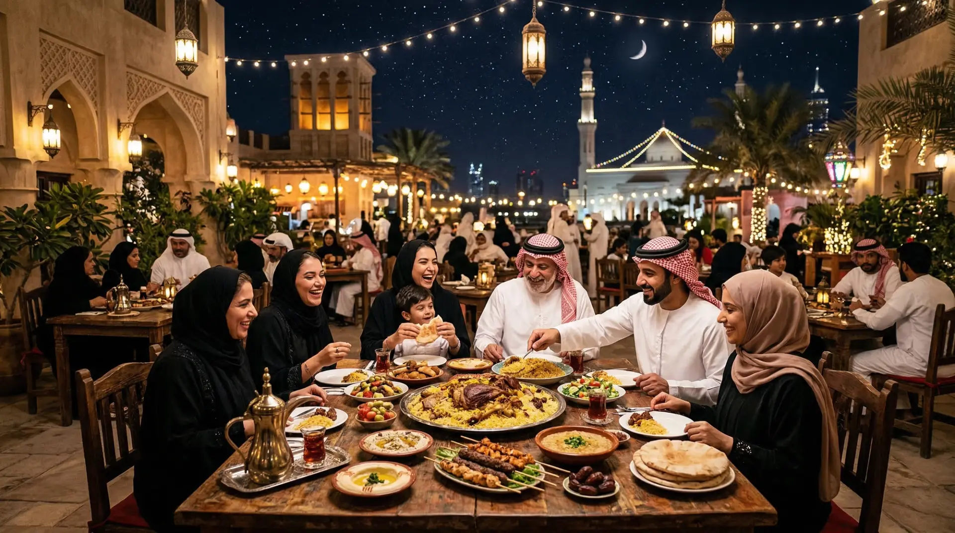 Family gathered around a laden Eid table in a lantern-lit courtyard at night
