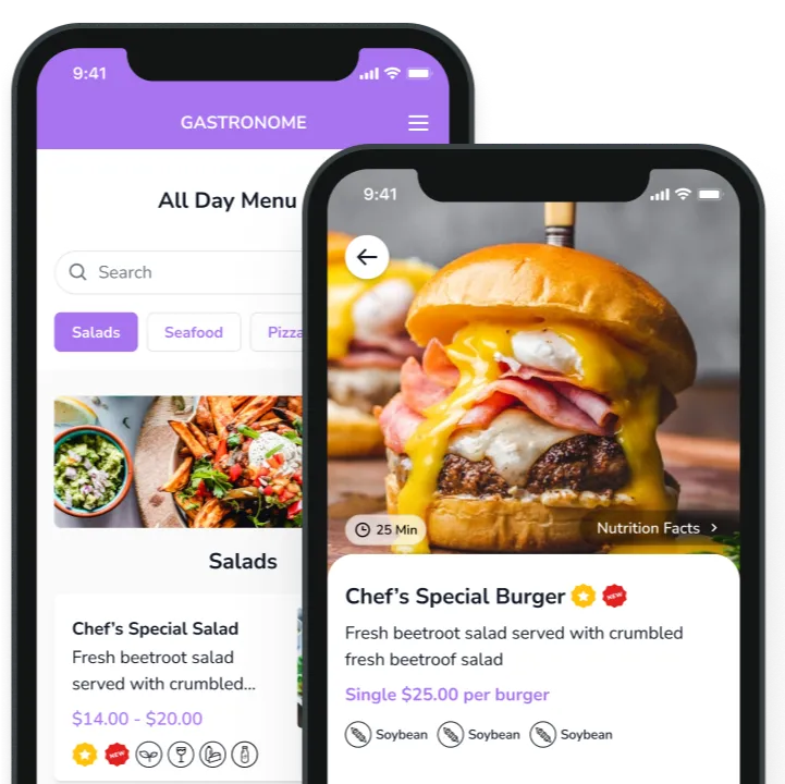 FineDine burger menu screen