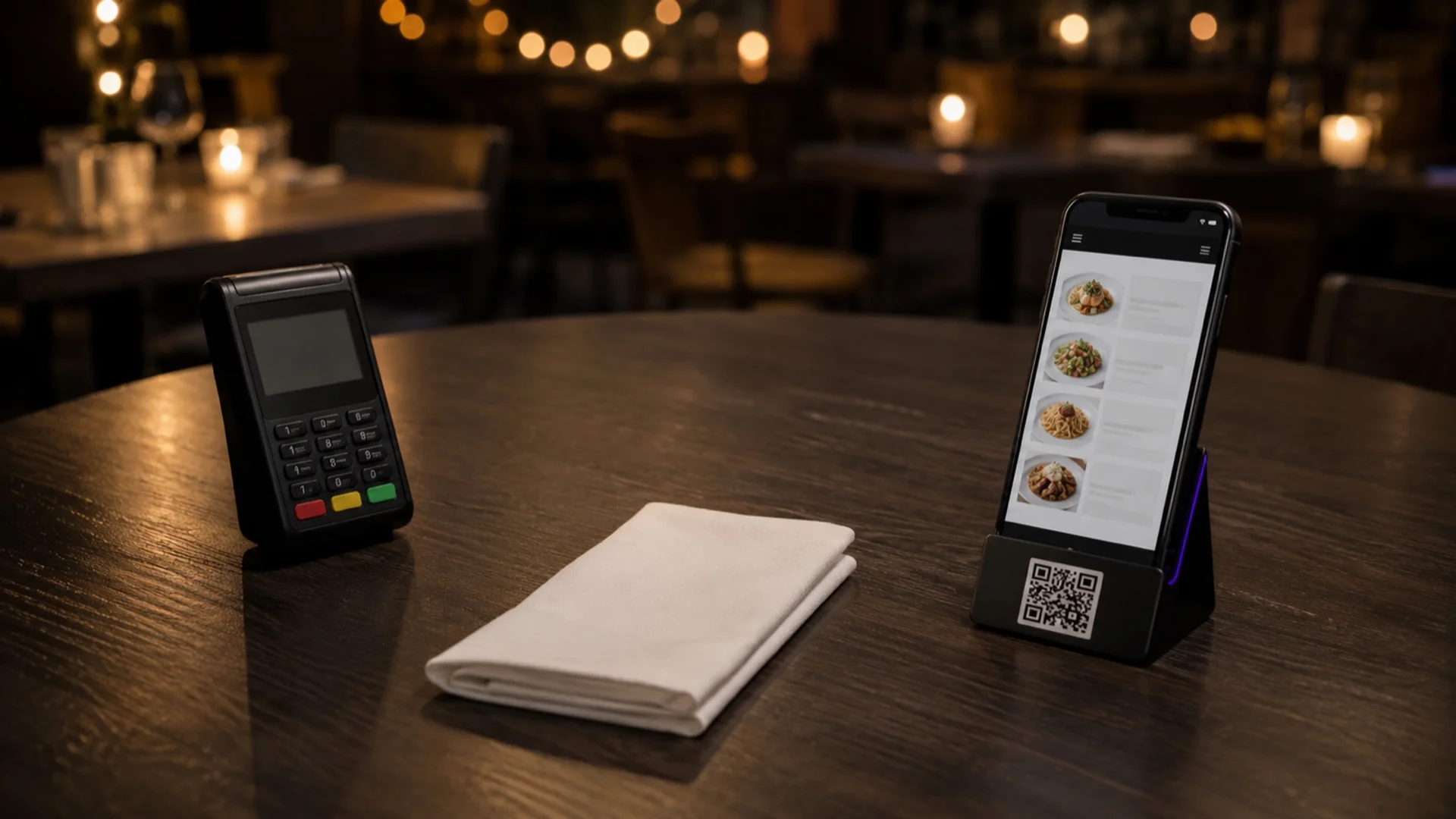 Mesa de restaurante em madeira escura com luz de fim de noite: um terminal de pagamento à esquerda, um guardanapo branco dobrado ao centro e um telefone num suporte com código QR a mostrar um menu com fotografias de pratos.
