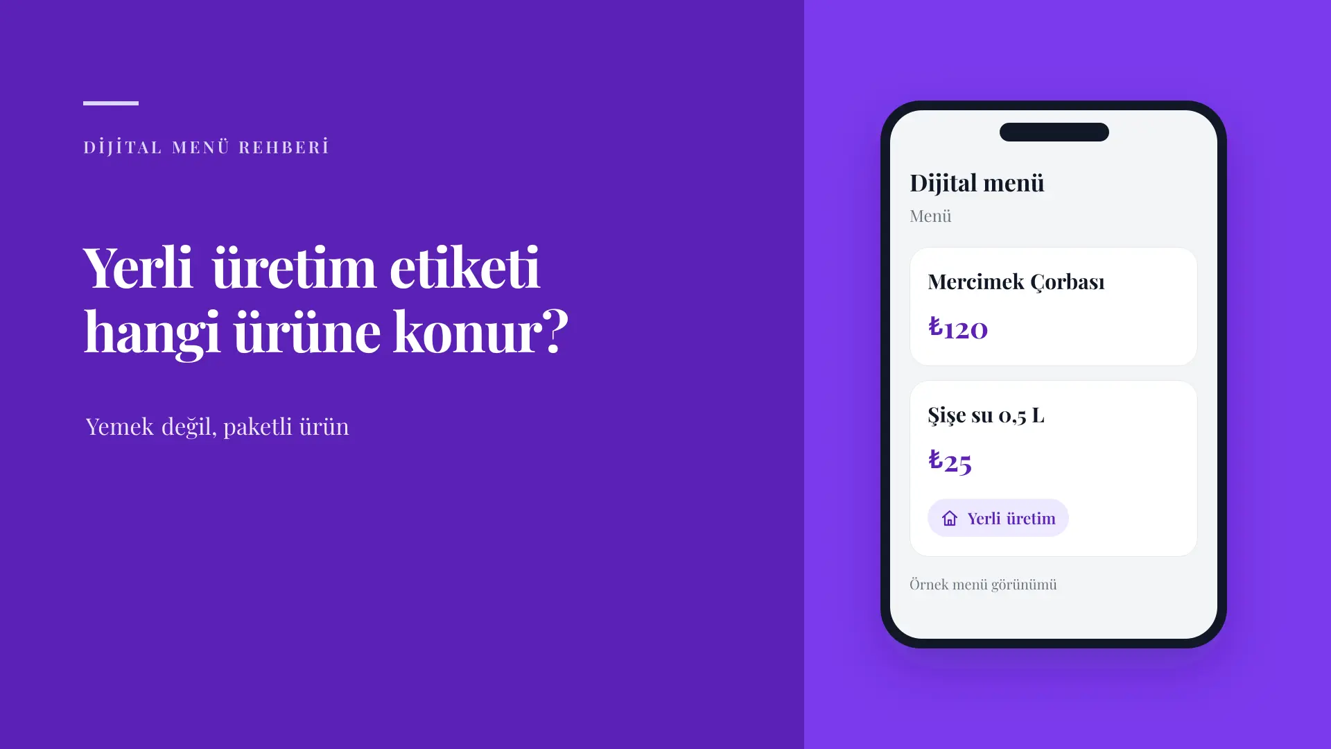 Zwei Produkte auf einer digitalen Speisekarte: Linsensuppe ohne Etikett und Wasserflasche mit dem Etikett Inlandsproduktion