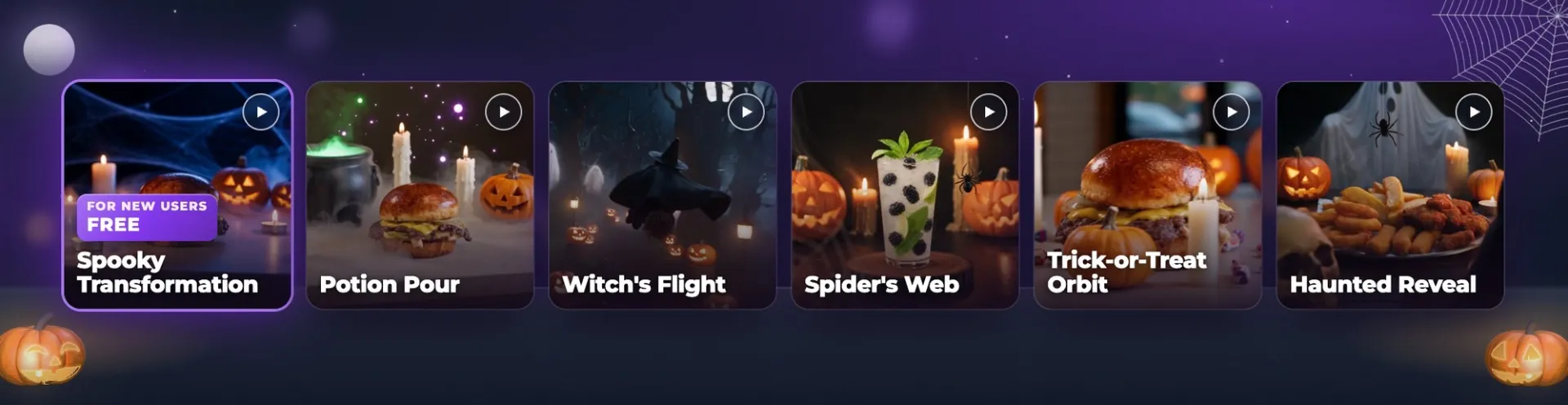 The 6 Halloween video templates in AI Media Studio: Spooky Transformation, Potion Pour, Witch's Flight, Spider's Web, Trick-or-Treat Orbit and Haunted Reveal