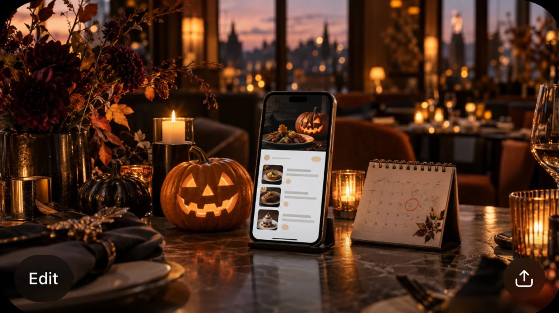 Bir restoran masasında oyulmuş bir kabak, mumlar ve Halloween kampanya banner'ı gösteren bir telefon; yanında kampanya tarihleri işaretli bir masa takvimi.