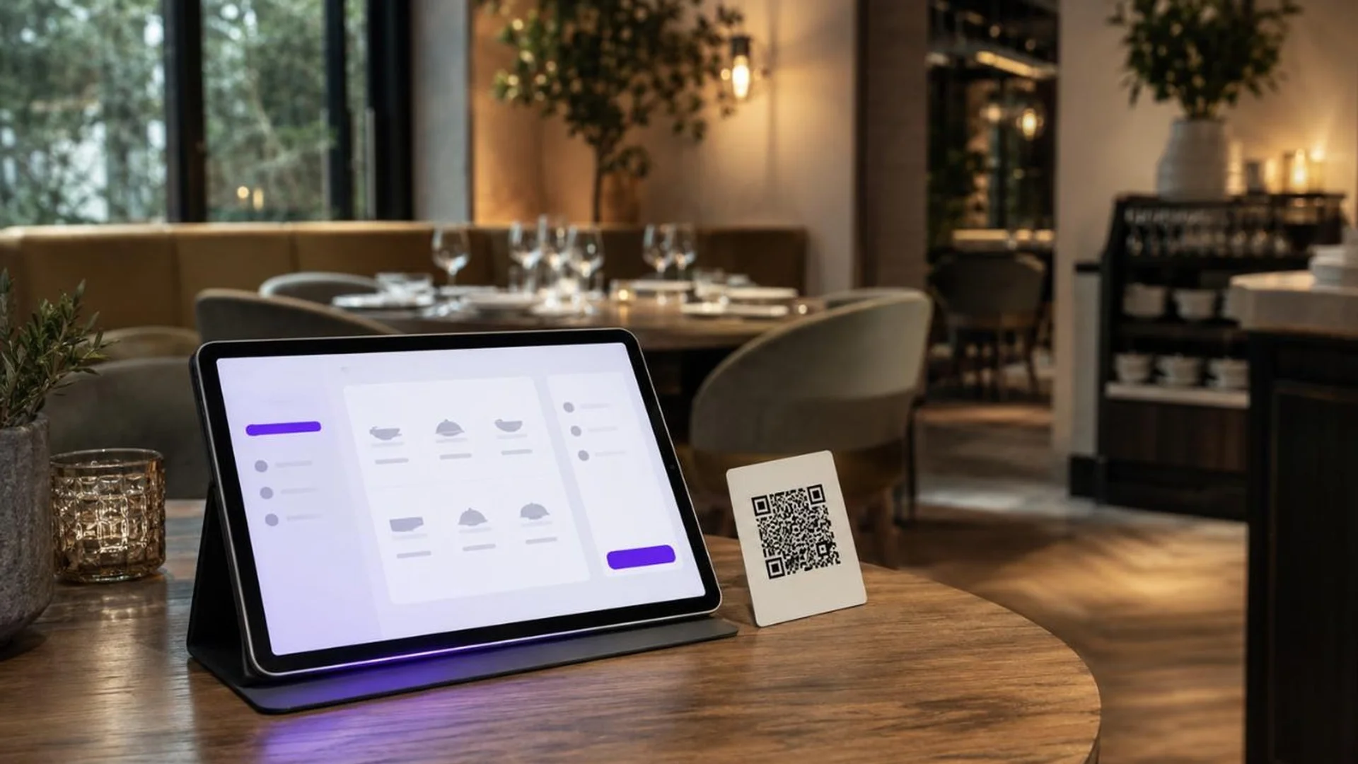 Tablet en un soporte con la pantalla de pedido junto a una tarjeta QR en la mesa de un restaurante, con la sala vacía al fondo