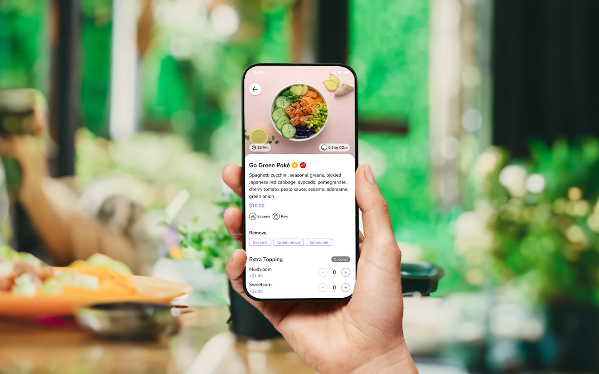 Woman holding iPhone looking at FineDine QR Code Menu with Carbon Footprint label of the dish on the menu