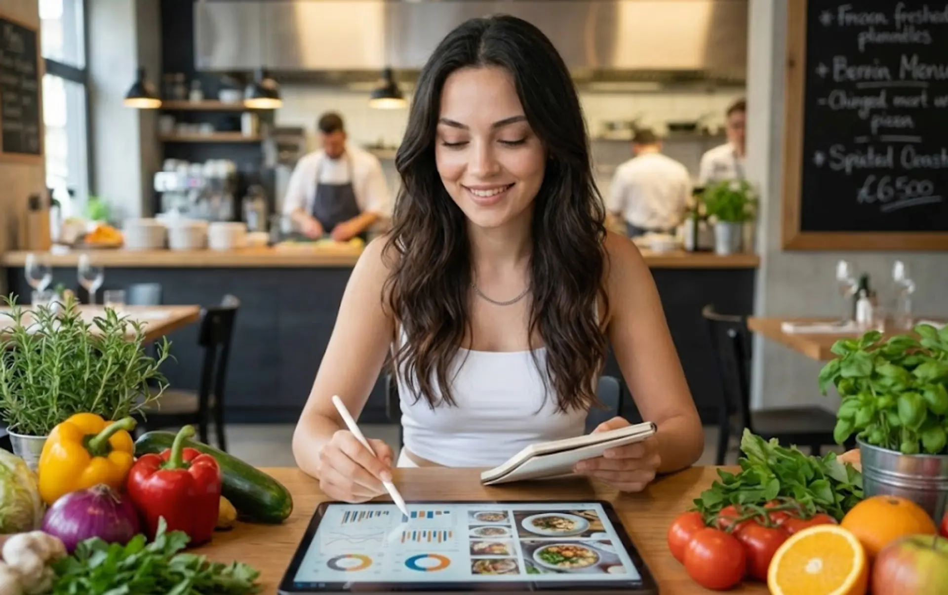 Açık mutfaklı bir restoranda taze sebzeler arasında tablet ve defterle menü hazırlayan işletmeci