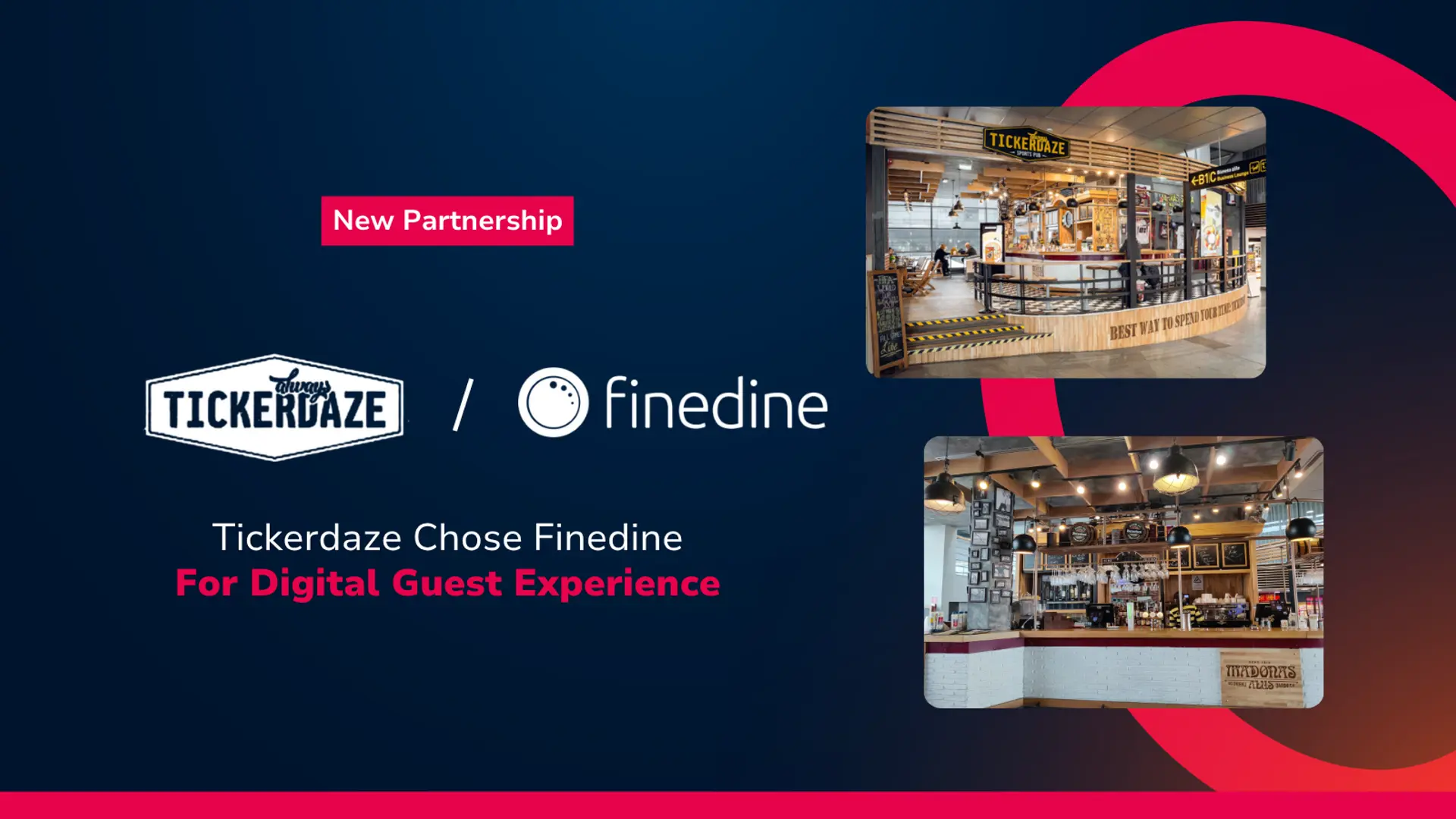 بطاقة إعلان شراكة بين Tickerdaze وFineDine مع صور من المطعم في المطار