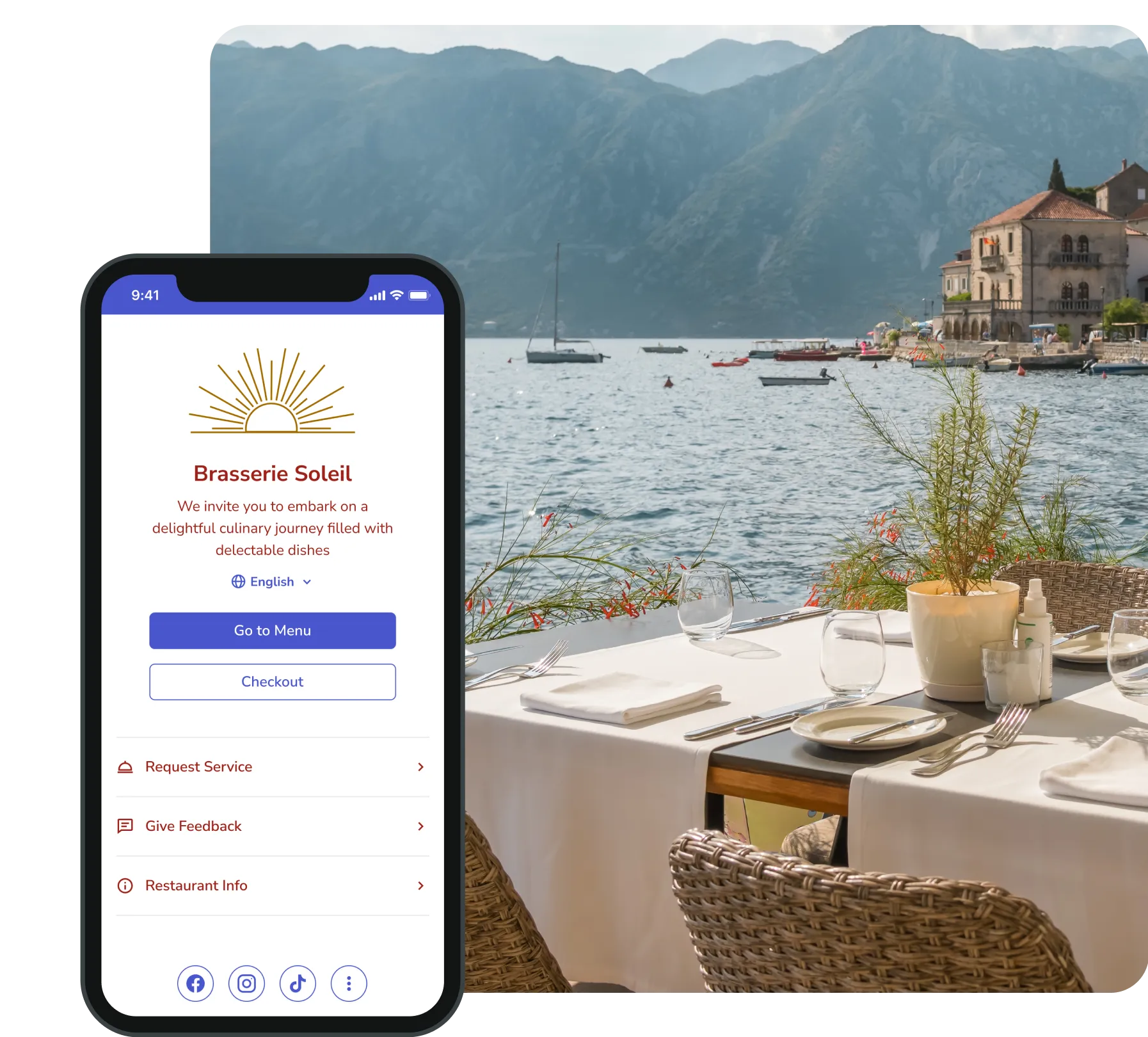Casual dining welcome menu screen.