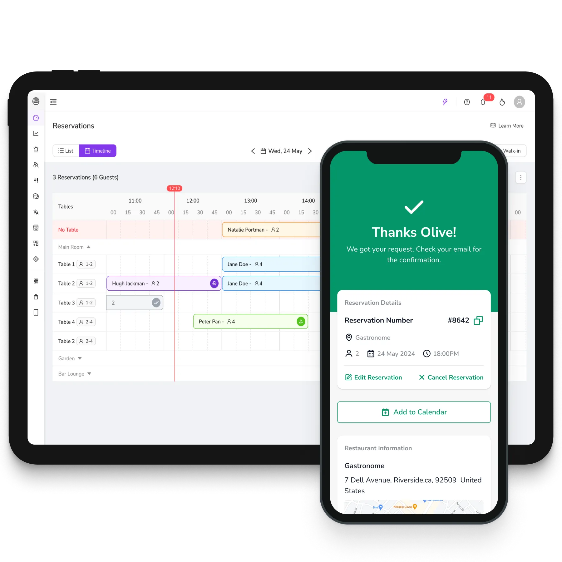 FineDine reservation management screen.