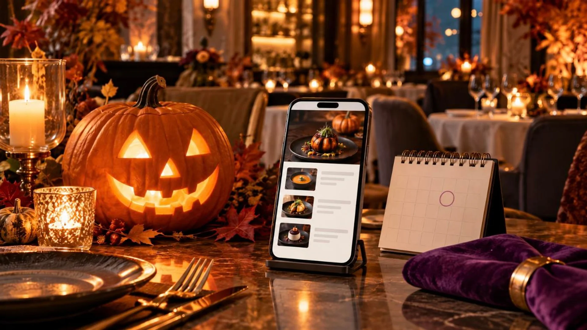 A carved pumpkin, candles and a smartphone showing a Halloween menu banner on a restaurant table, with a desk calendar marked for the promotion dates.