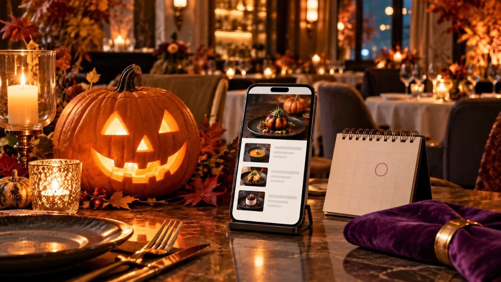A carved pumpkin, candles and a smartphone showing a Halloween menu banner on a restaurant table, with a desk calendar marked for the promotion dates.