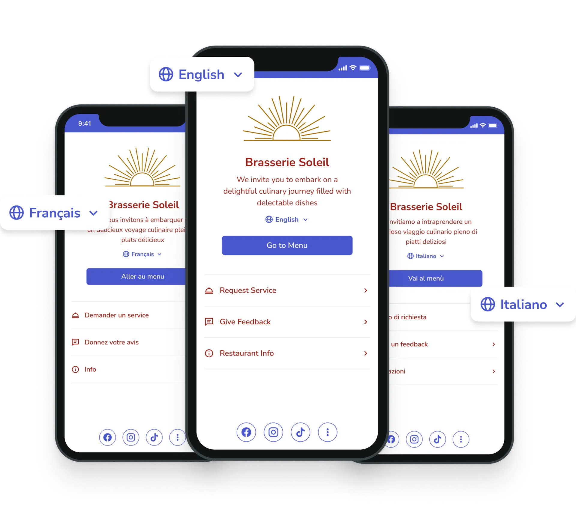 Three smartphones representing FineDine's Multiple Language Support.