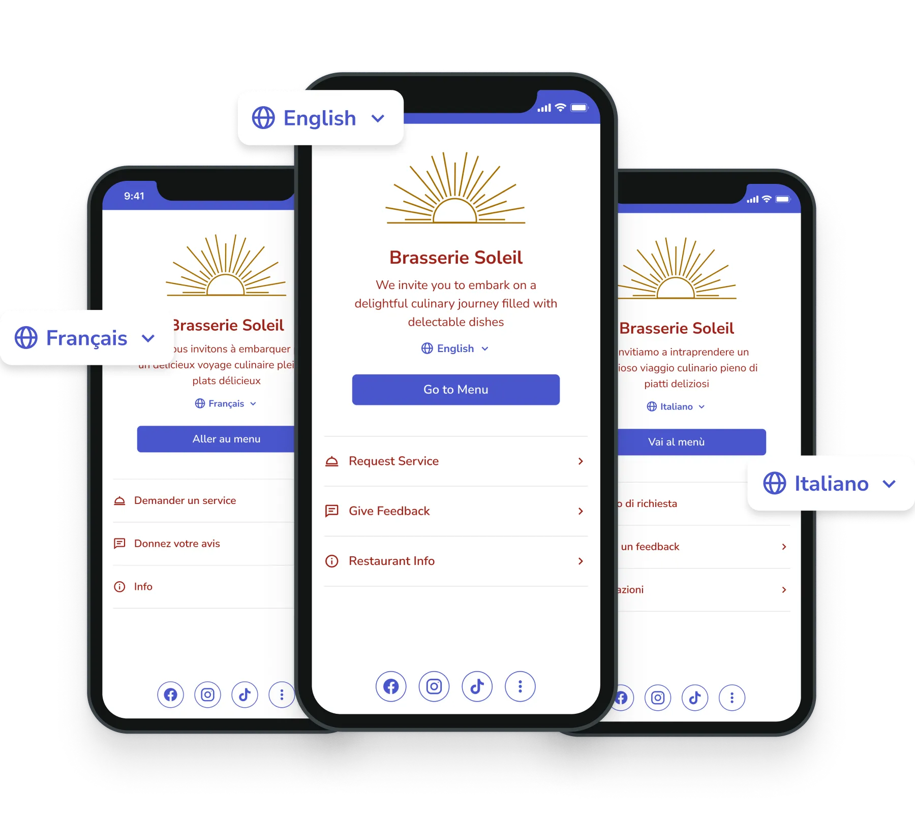 Three smartphones representing FineDine's Multiple Language Support.