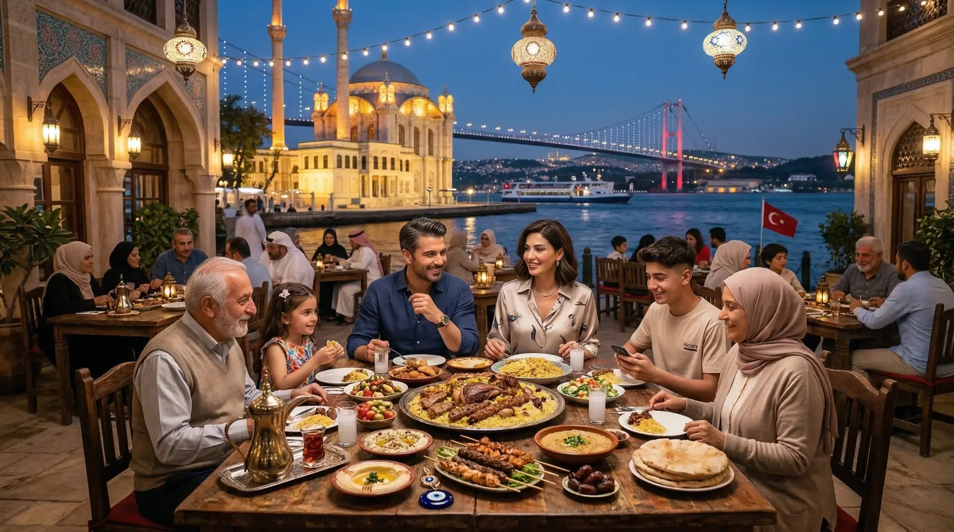Boğaz manzaralı bir restoranda bayram sofrasında toplanan aile; arkada cami ve köprü