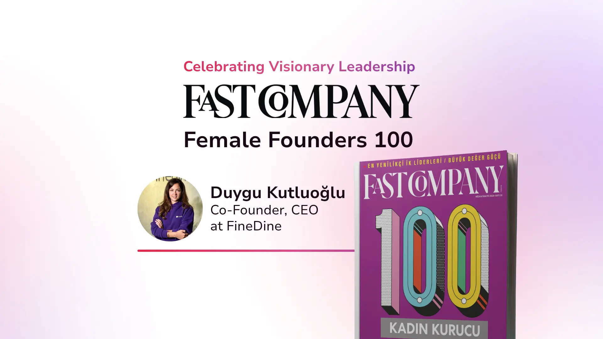 Announcement card with Duygu Kutluoğlu's portrait beside the Fast Company Female Founders 100 cover